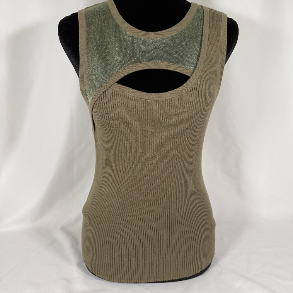 DKNY Olive Ribbed Cutout Tank with Metallic Sheer Yoke